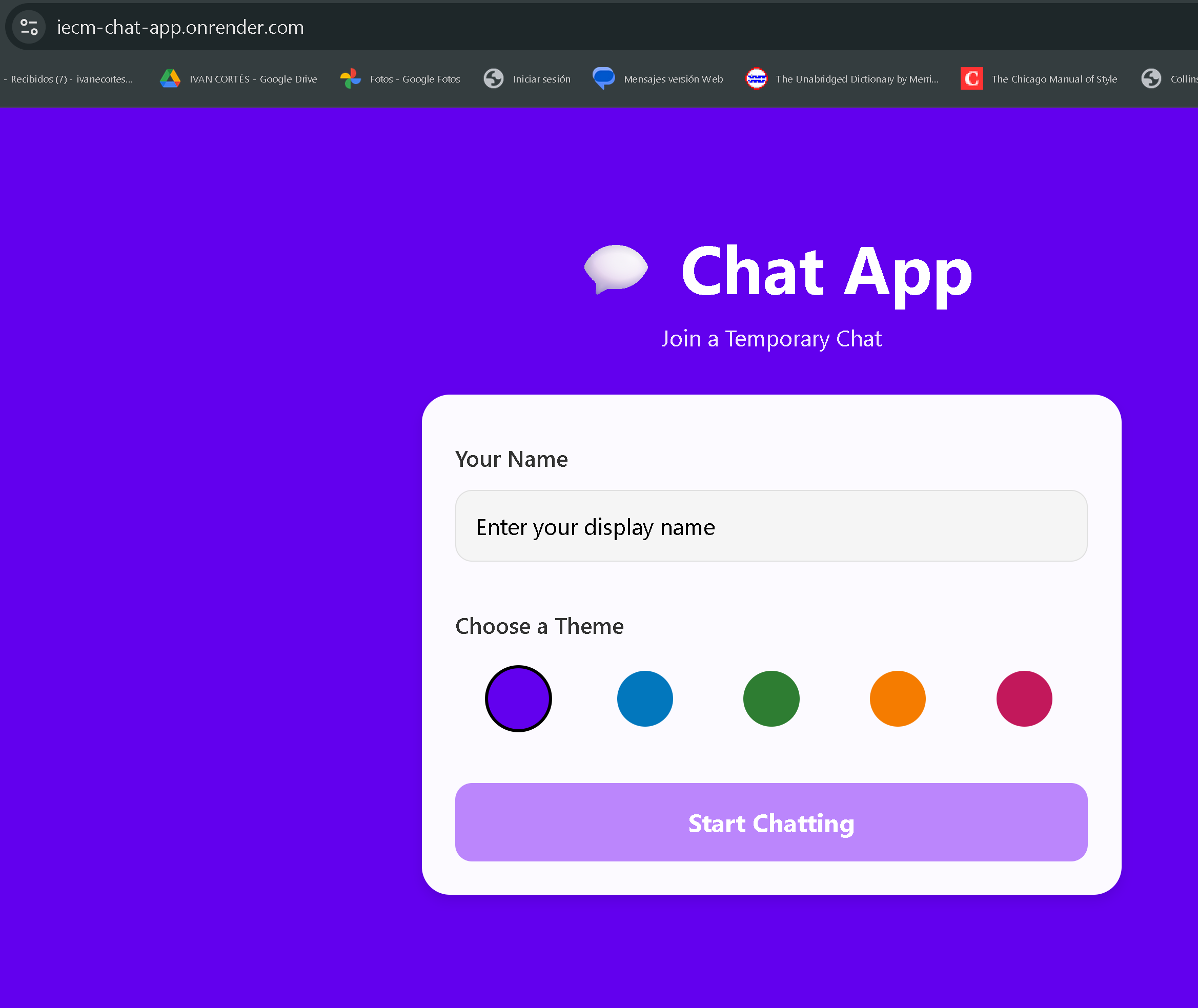 Screenshot welcome page to Chat App