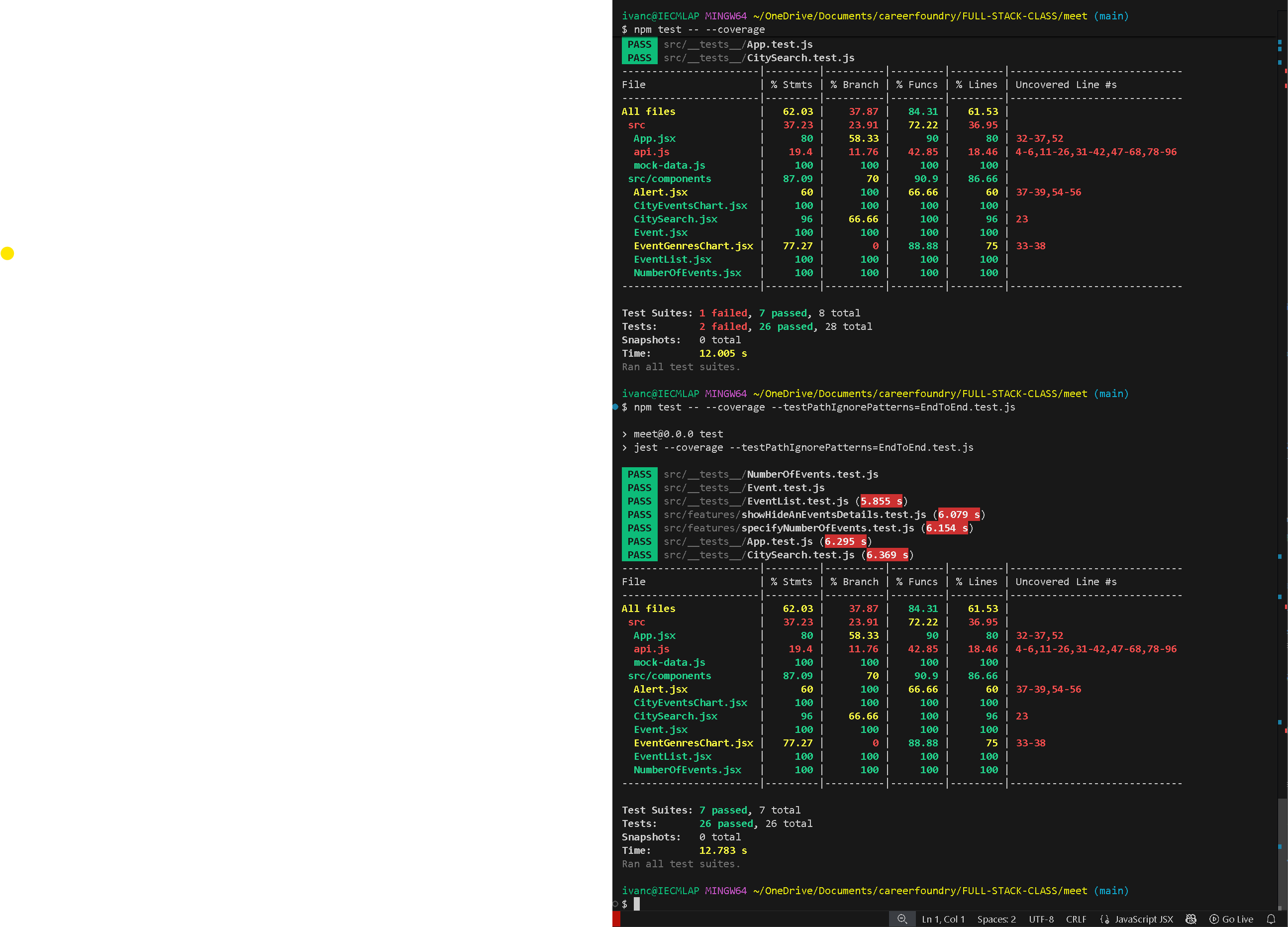 Screenshot of the React component code that passes the test