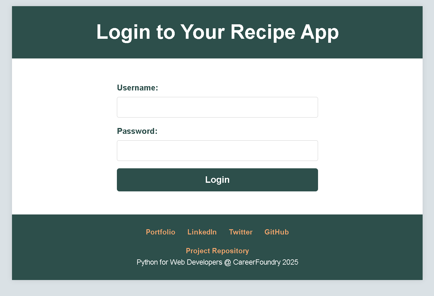 Screenshot of the Recipe App login form
