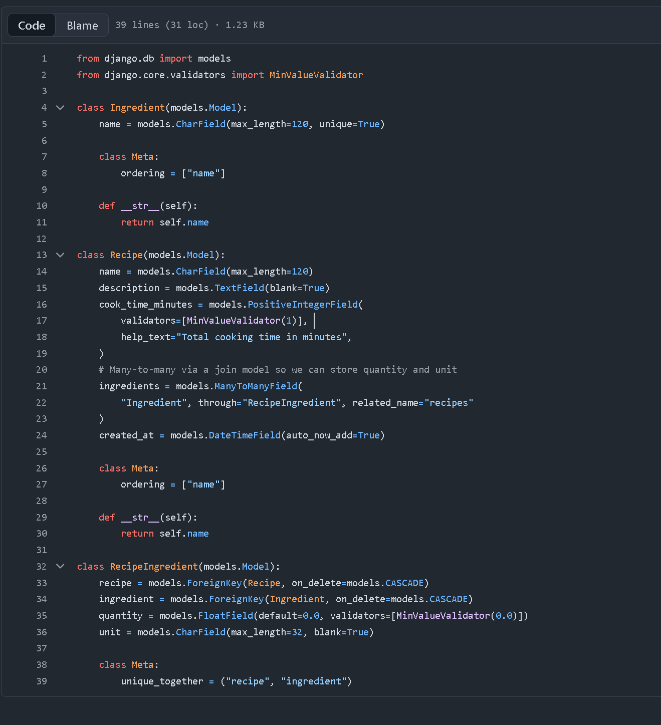 Screenshot of the Django models.py file