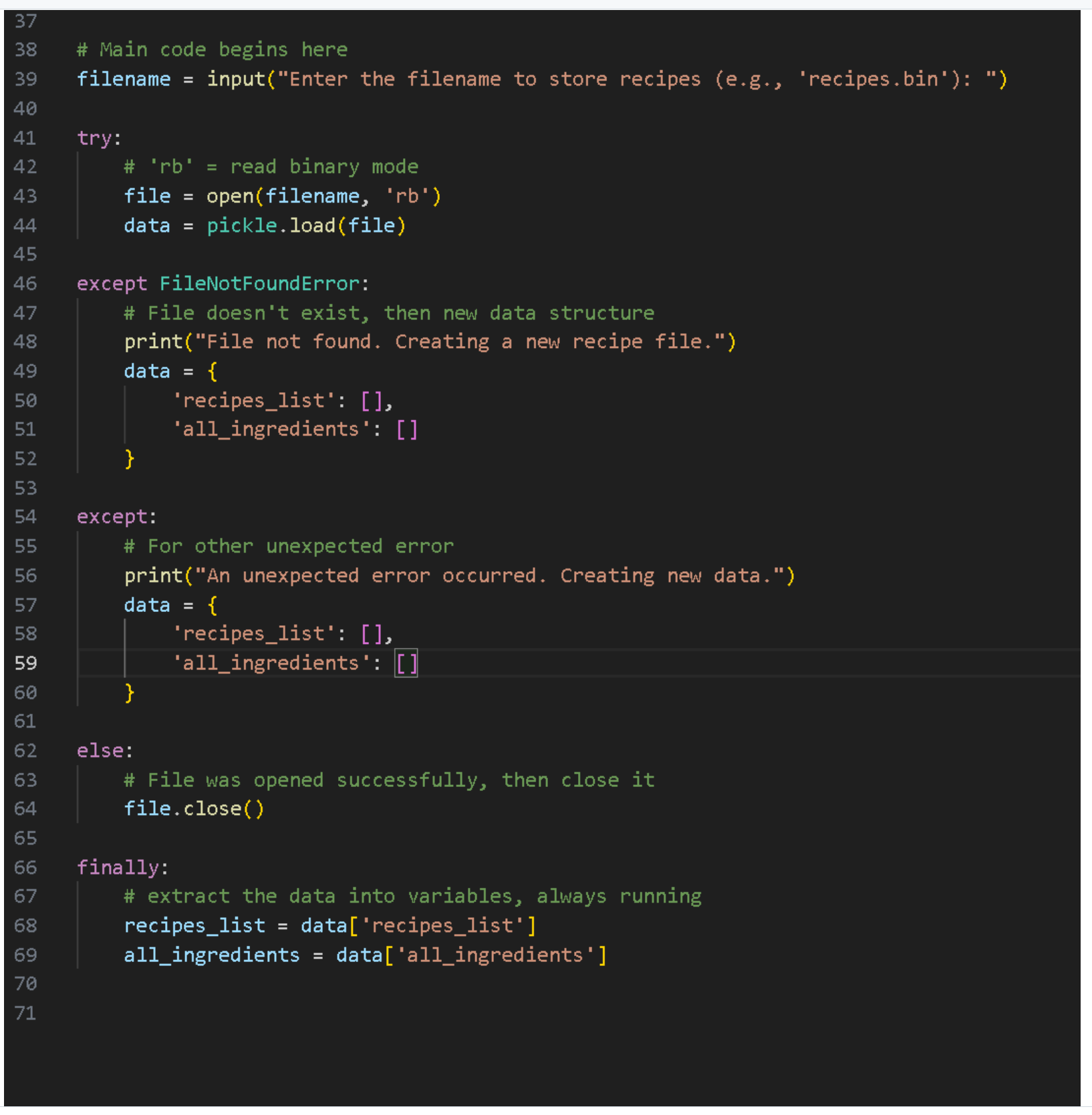Screenshot of insecure pickle code for data persistence