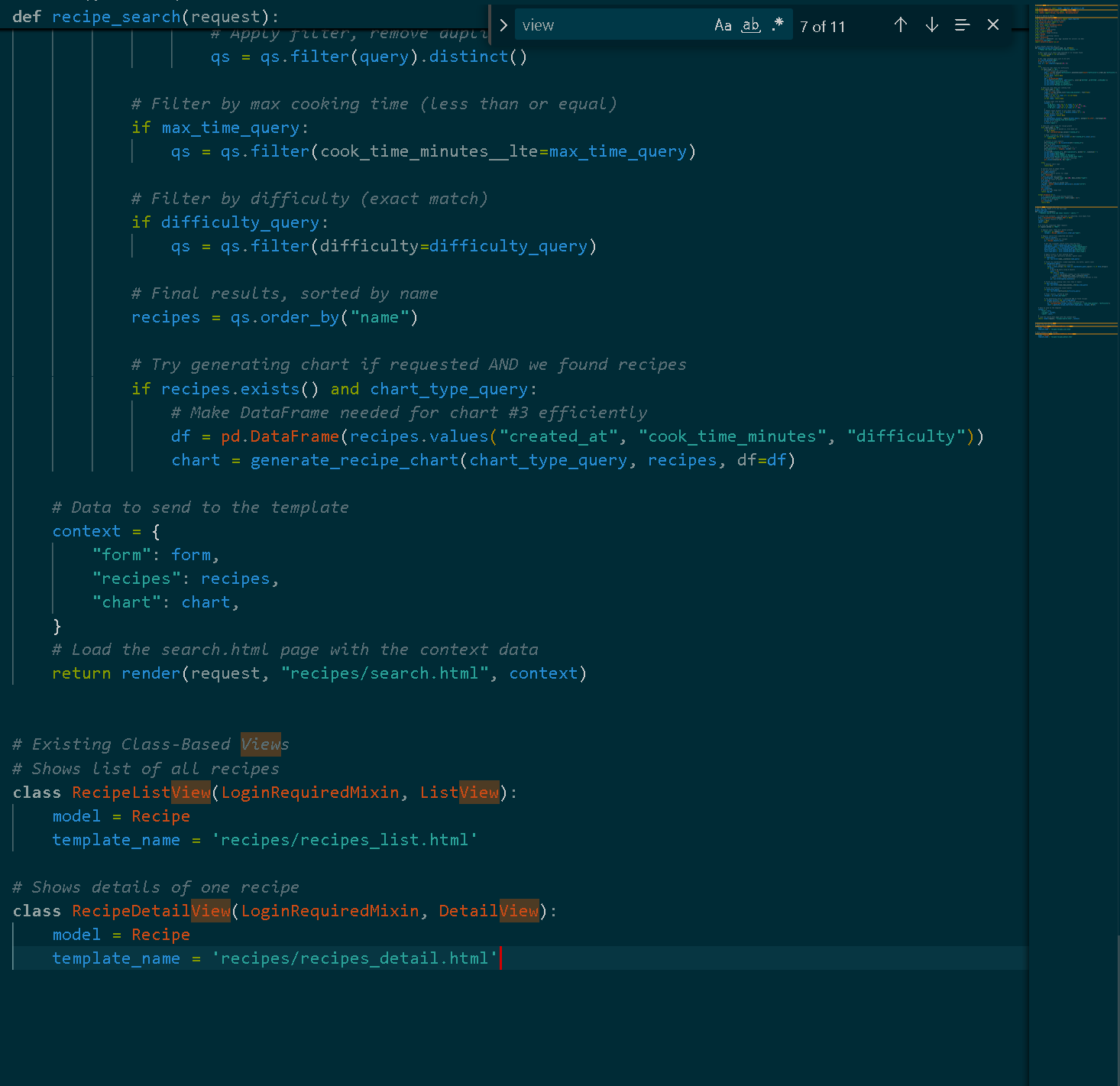Screenshot of Django views.py showing class-based views
